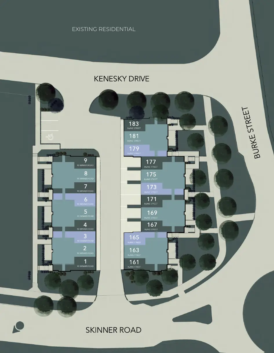 SOL site plan showing townhome blocks at Skinner Road and Burke Street