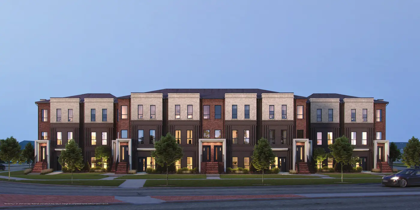 Artist's rendering of the SOL stacked townhome block at dusk
