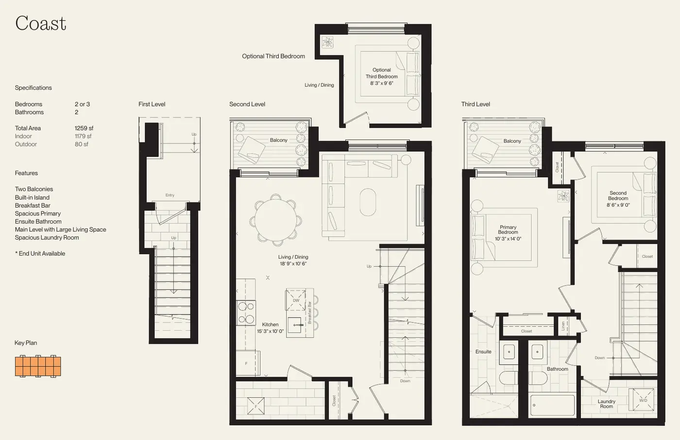 Floor plans of the 1,259 sq. ft. Coast townhome across three levels