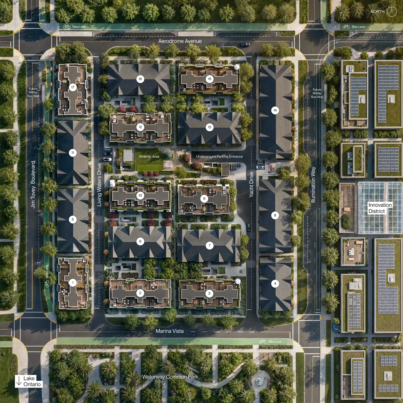 Aerial site plan of South Banks showing 17 townhome blocks, streets and Waterway Common Park