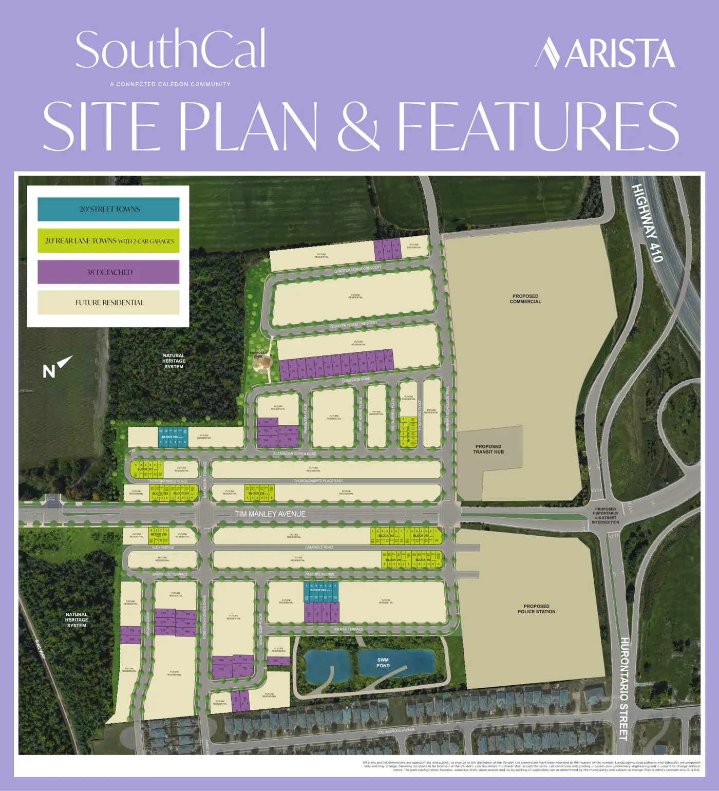 SouthCal site plan showing street towns, rear lane towns and 38 foot detached lots, park and stormwater pond