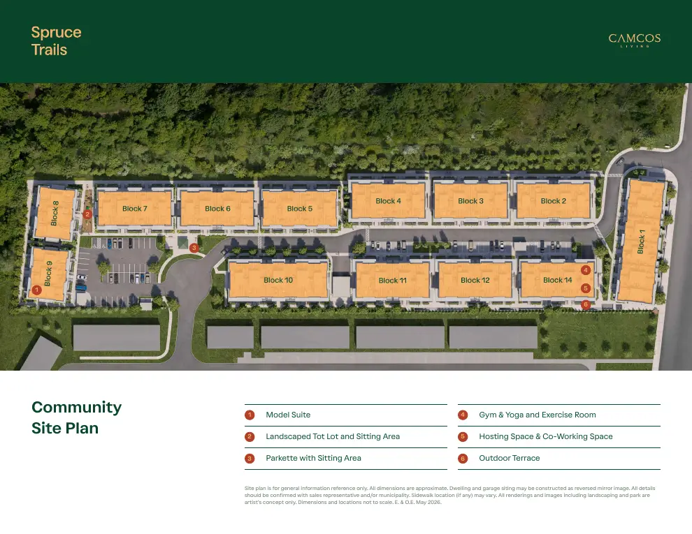 Spruce Trails community site plan showing townhome blocks, model suite, tot lot and parkette