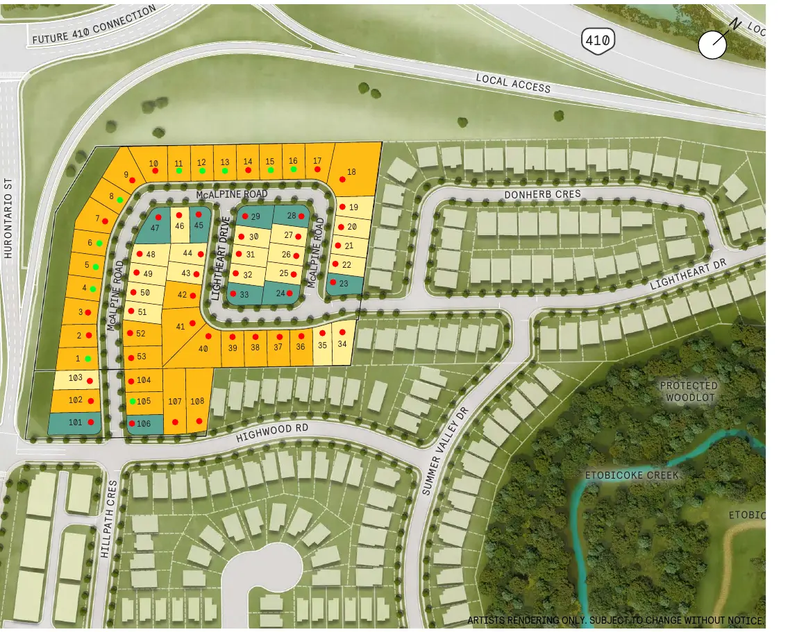 Summer Valley site plan showing 40, 42 and 50 foot lots between Hurontario Street and Highway 410