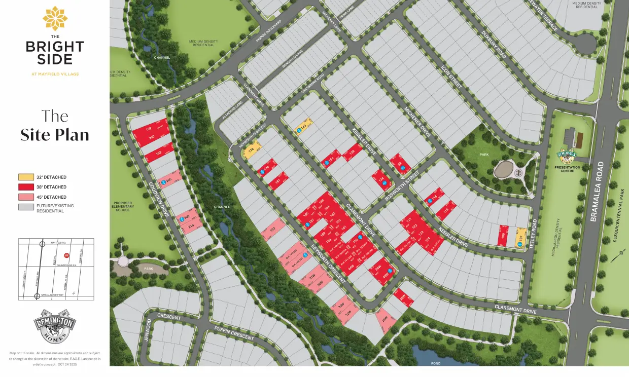 Site plan of The Bright Side at Mayfield Village showing 32, 38 and 45 foot detached lots near Bramalea Road