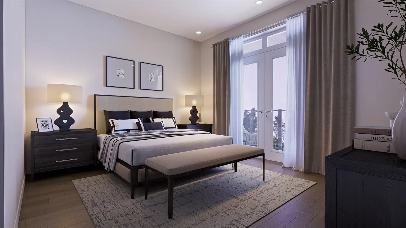 Interior rendering of a bedroom with French doors to a balcony