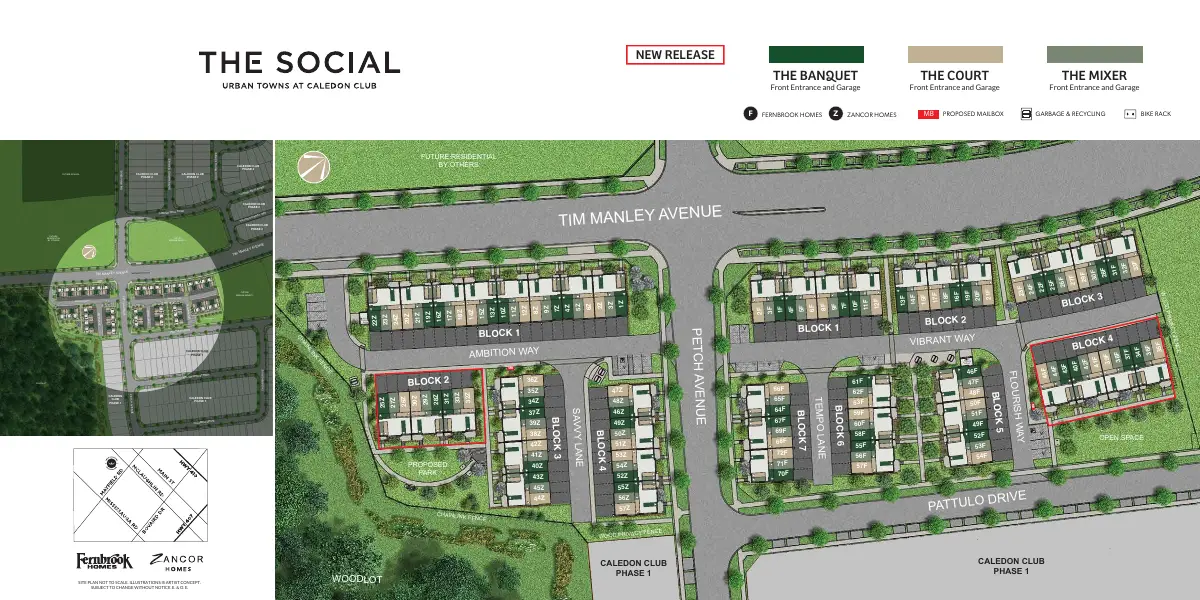 The Social site plan showing townhome blocks along Tim Manley Avenue, Petch Avenue and Pattulo Drive
