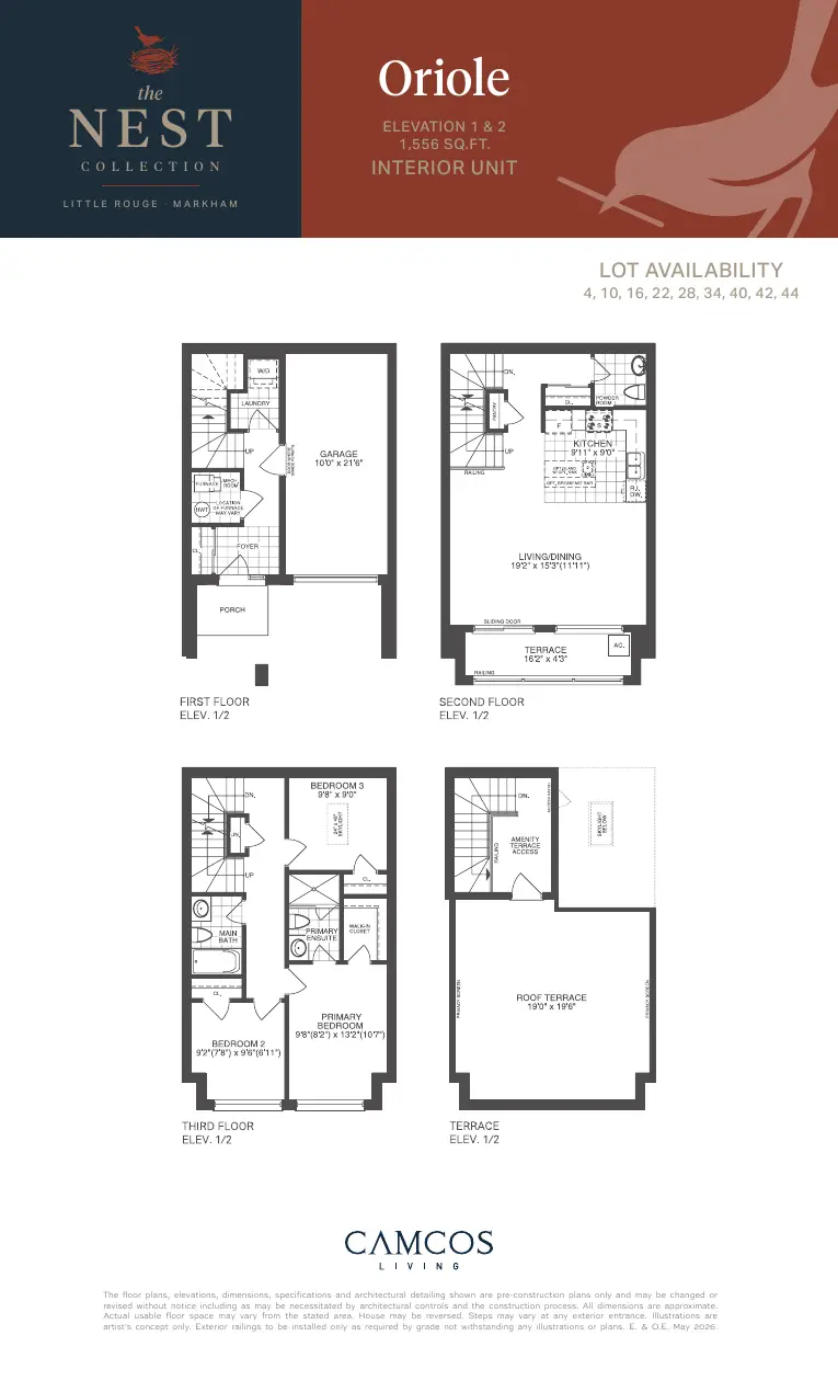 Floor plans of the 1,556 sq. ft. Oriole back-to-back townhome across four levels