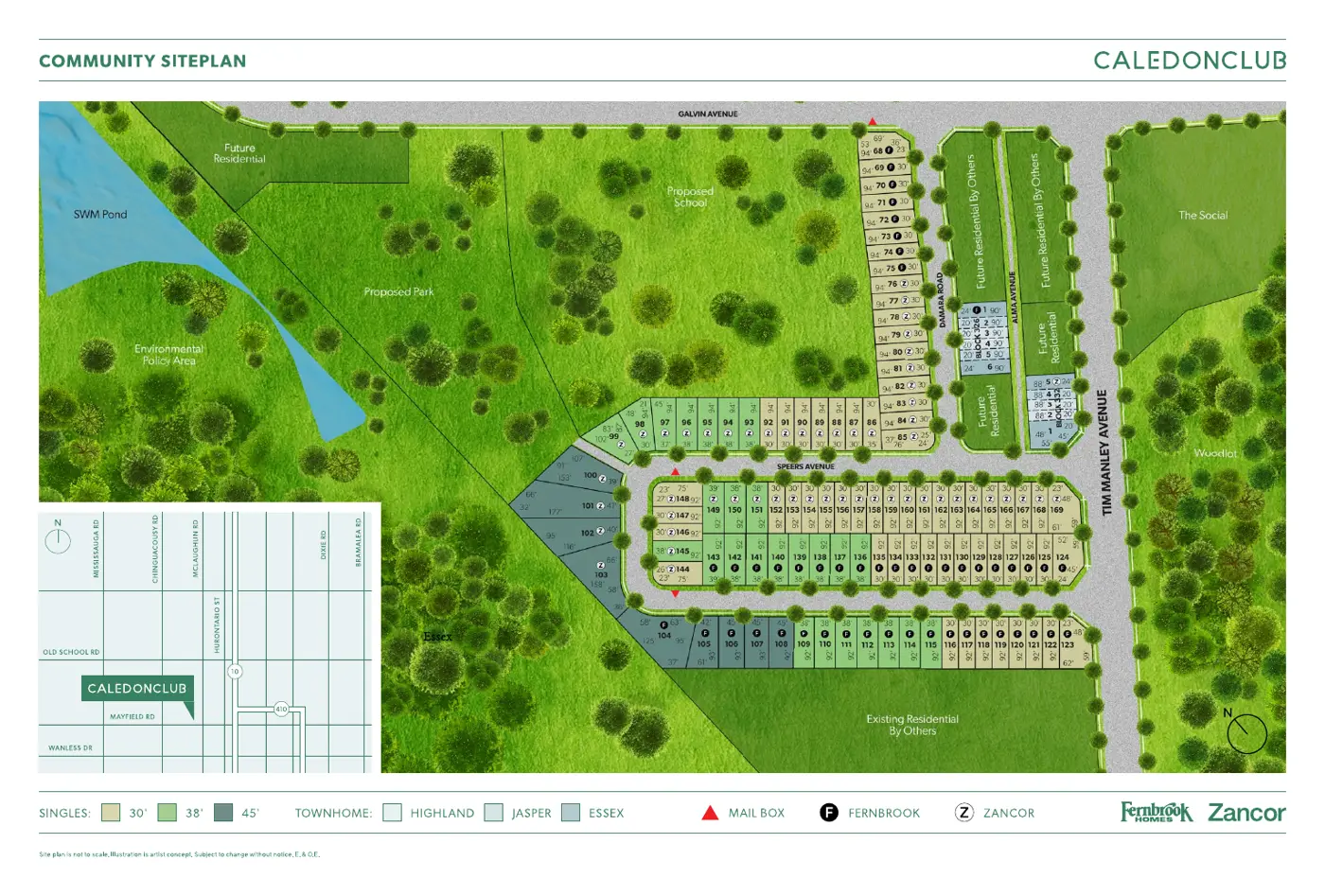 Caledon Club community site plan showing singles and townhome blocks, park, school site and pond