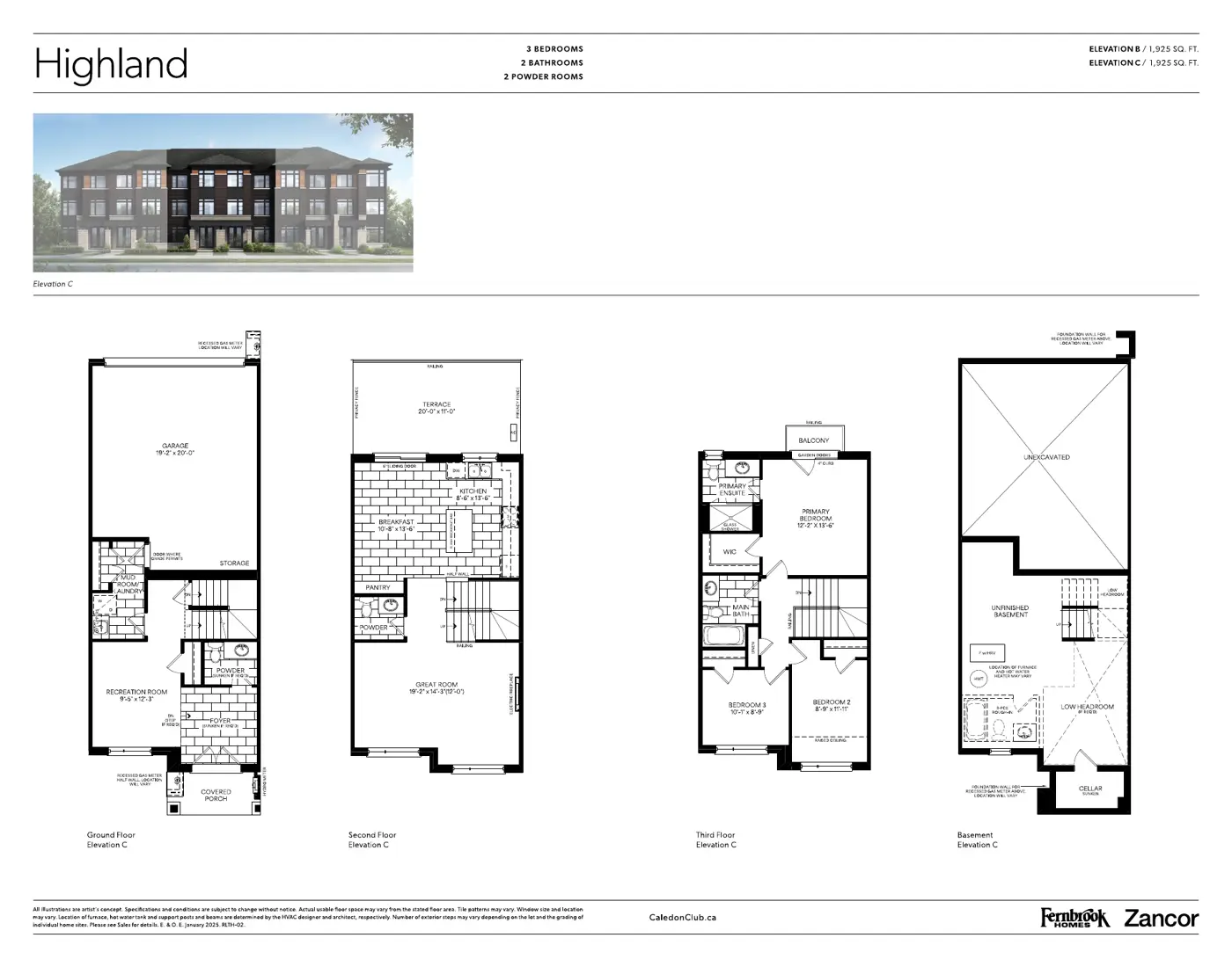 Floor plans of the 1,925 sq. ft. Highland townhome, ground, second and third floors and basement