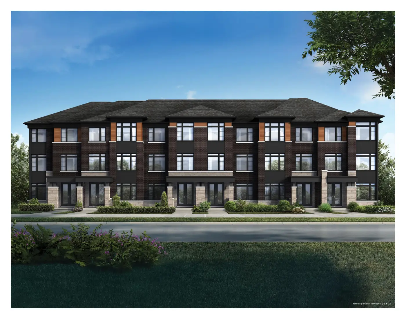 Rendering of a three-storey brick rear lane townhome block