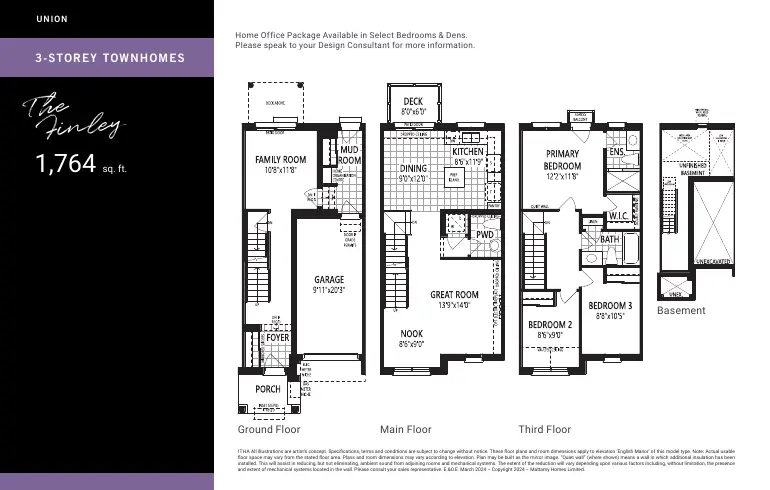 Floor plan page for The Finley 3-storey townhome