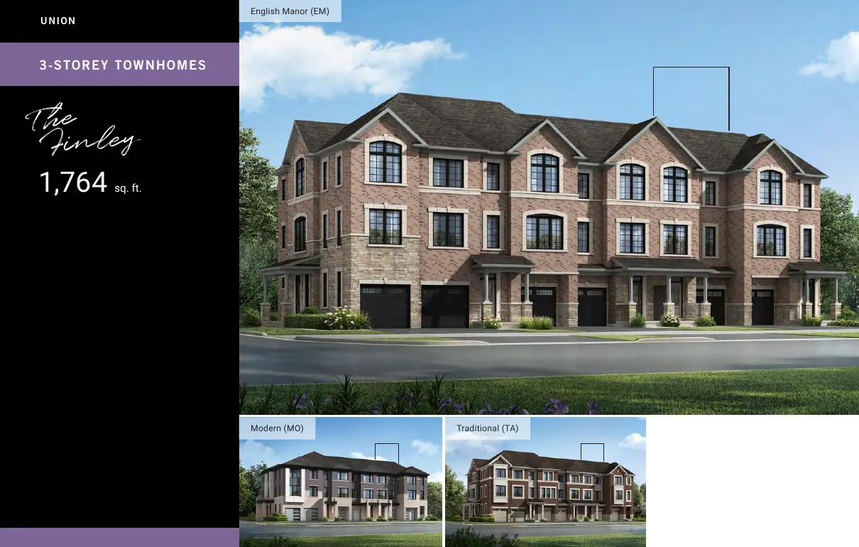 Rendering of The Finley 3-storey townhomes with English Manor, Modern and Traditional elevations
