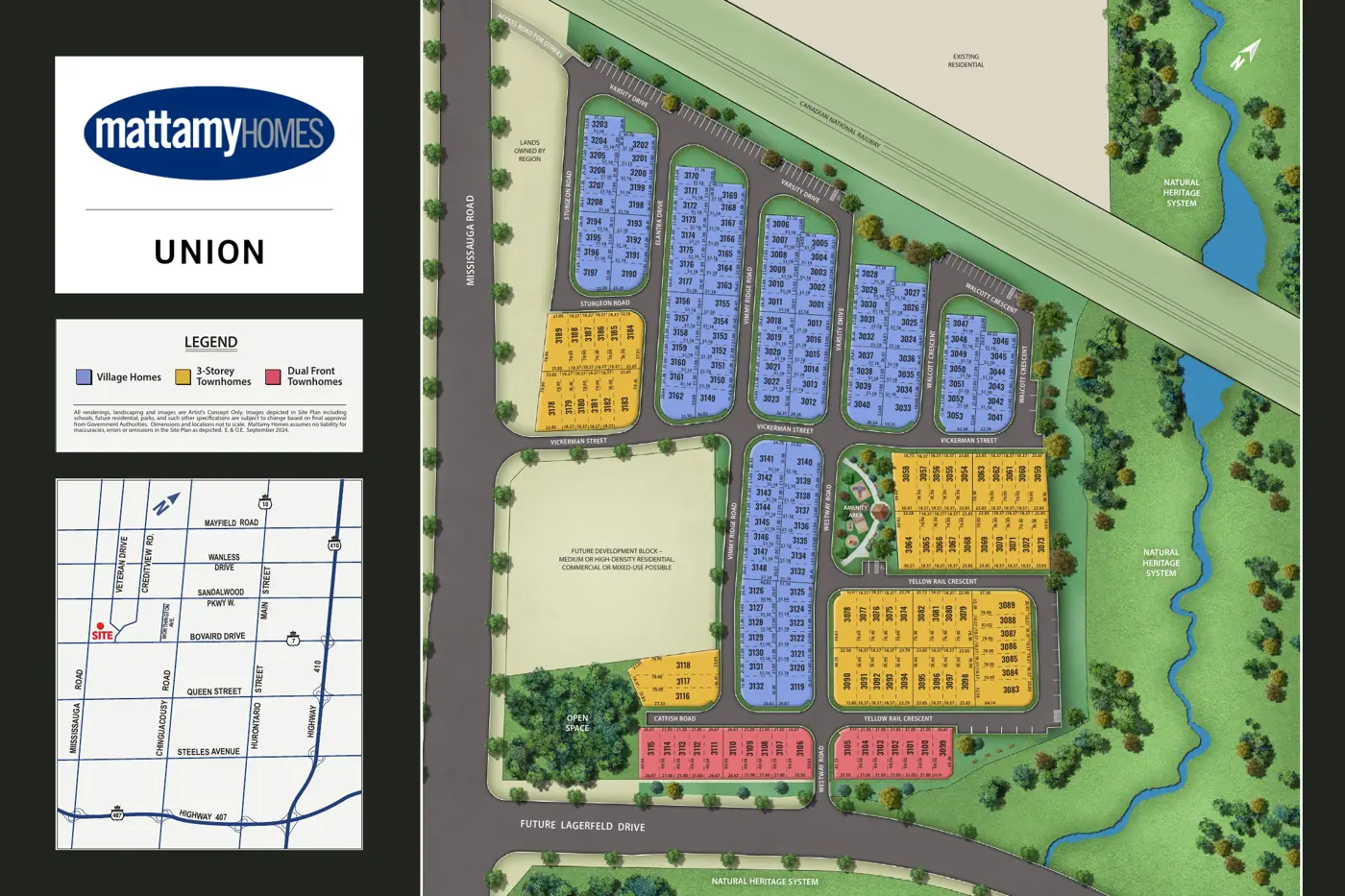 Union site plan showing Village Homes, 3-storey townhomes and dual-front townhomes with open space and natural heritage system