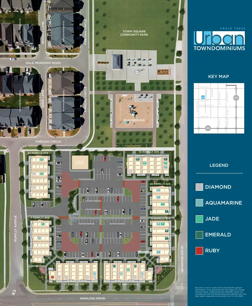 Phase 3 site plan showing townhome blocks on Romilly Ave., visitor parking, community park and playground