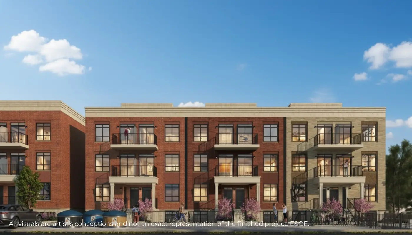 Street elevation rendering of Warbler Place brick townhome blocks with balconies
