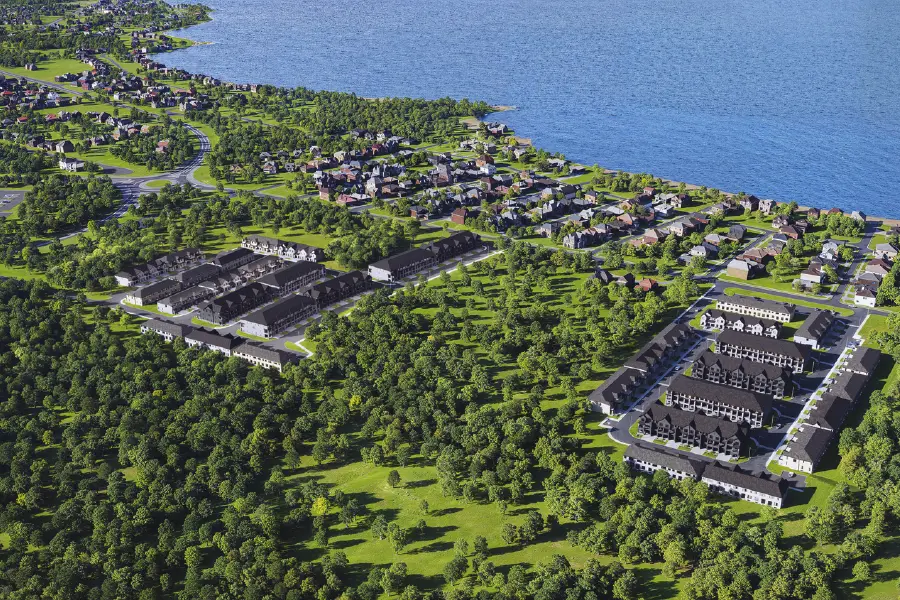 Aerial rendering of the Wasaga Walk townhome community beside Georgian Bay