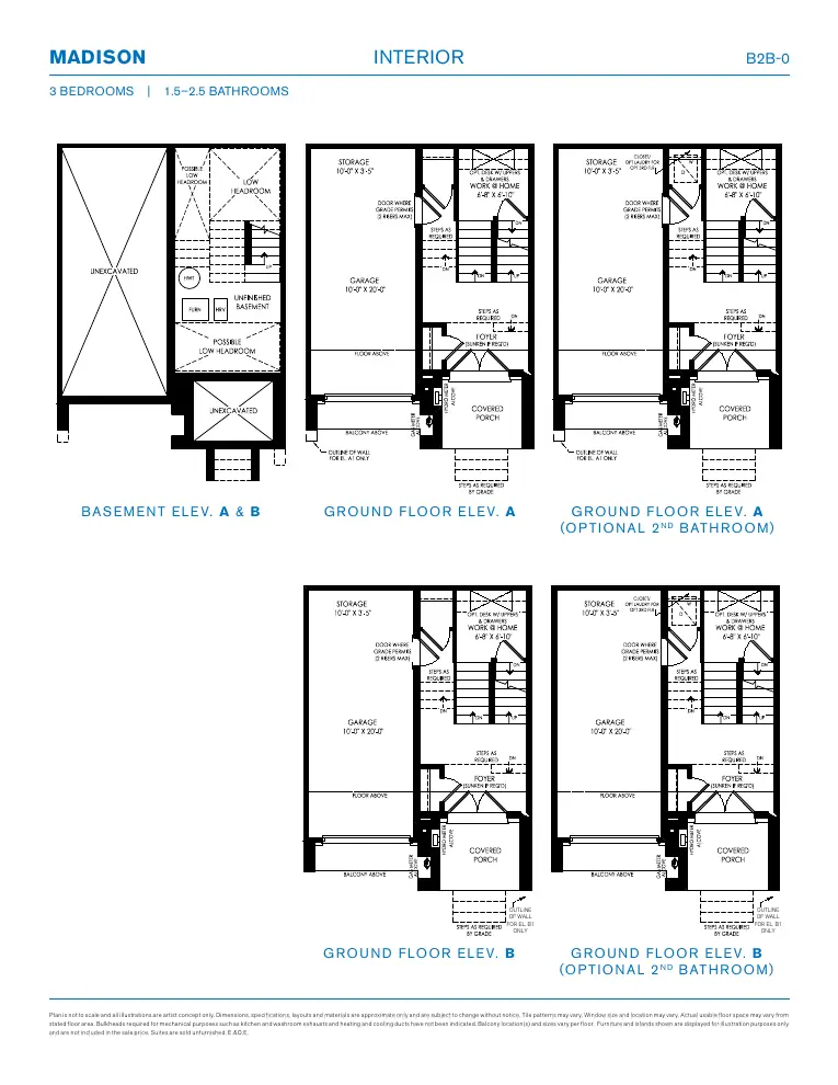 Floor plans of the Madison back-to-back townhome, basement and ground floor options