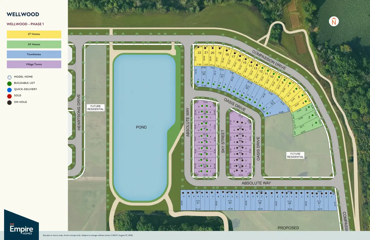 Wellwood Phase 1 site plan showing 27' and 34' homes, townhomes, village towns and a pond