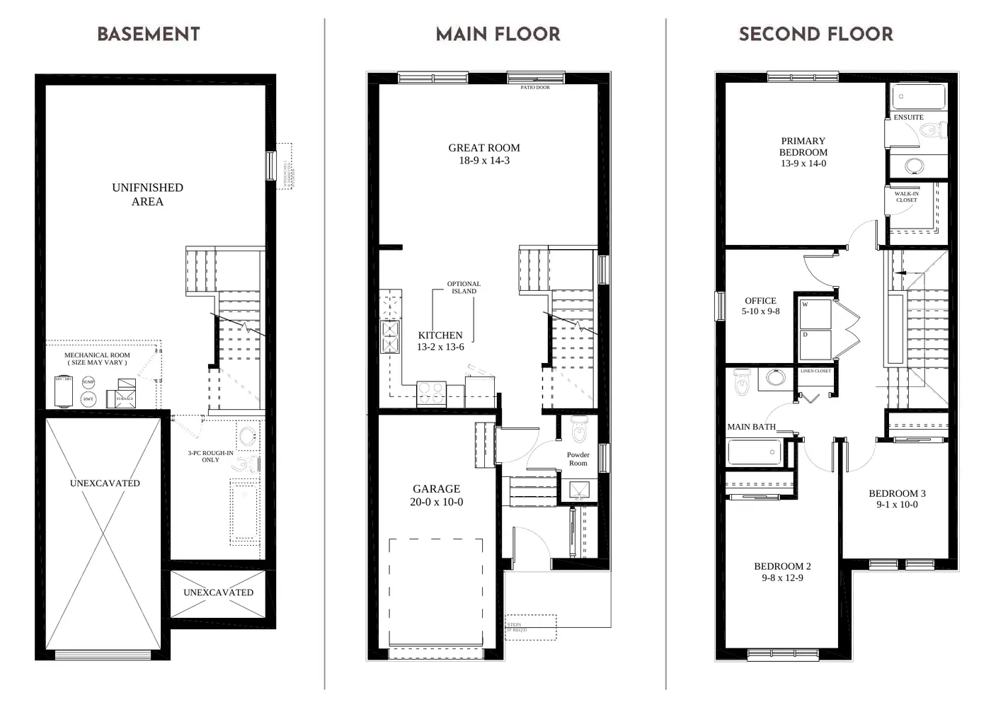 Basement, main floor and second floor plans of the 1,750 sq. ft. Silverbrook