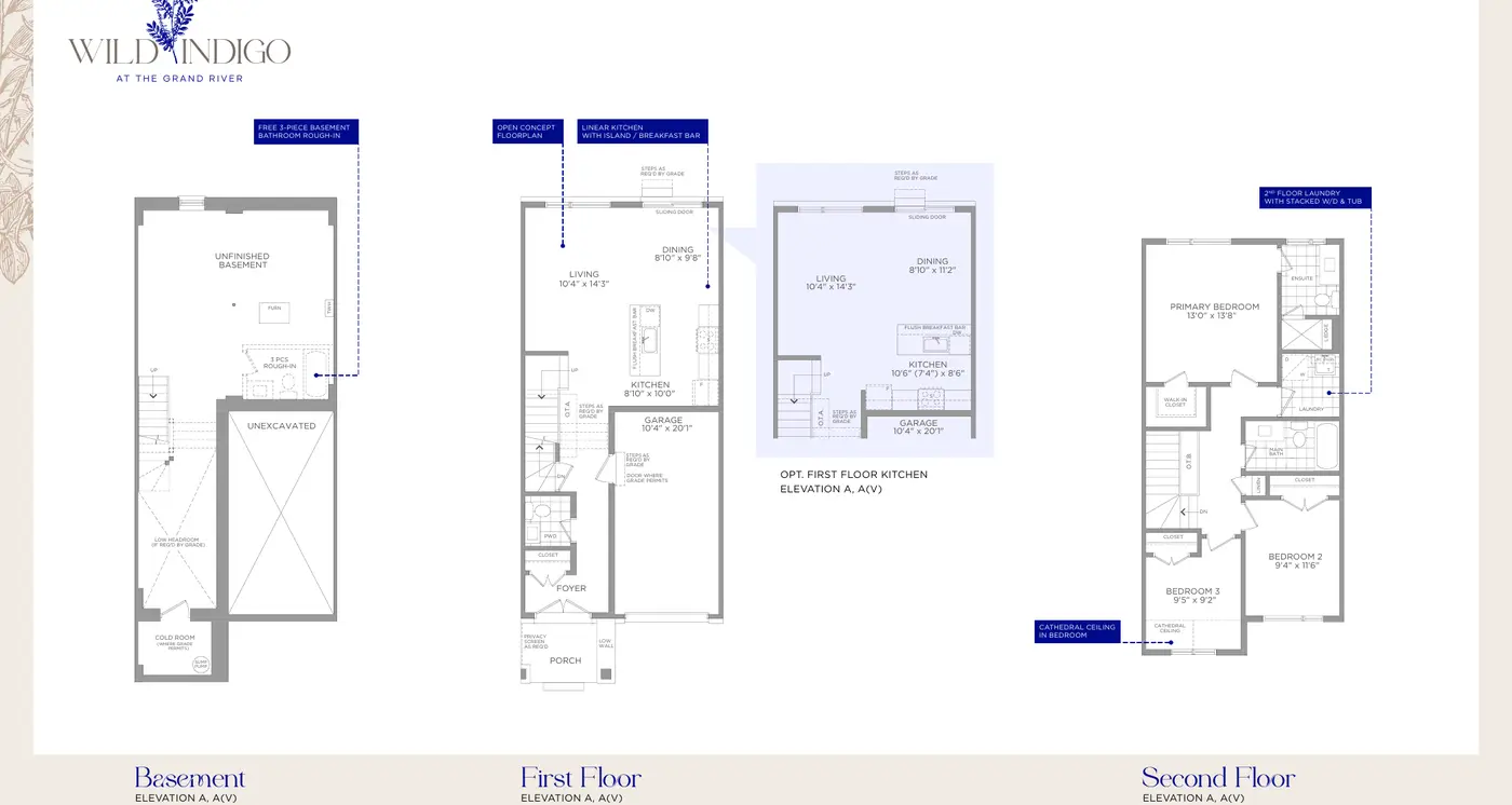 Basement, first floor and second floor plans of the 1,401 sq. ft. Clover townhome