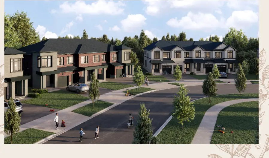 Rendering of the Clover 20' freehold townhomes on a street