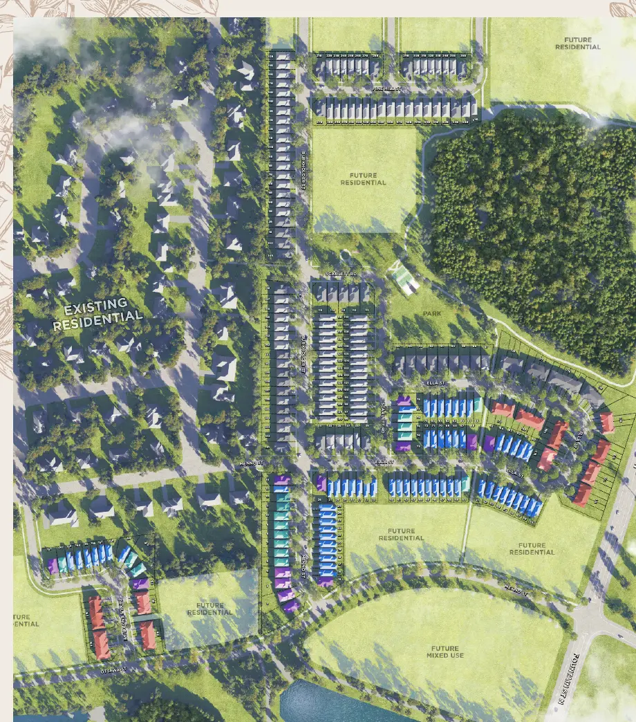 Wild Indigo site plan with freehold town blocks and 27', 34' and 40' detached lots marked