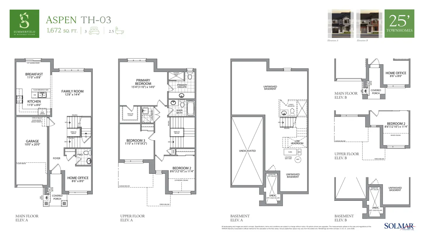 Floor plans of the 1,672 sq. ft. Aspen 25-foot townhome