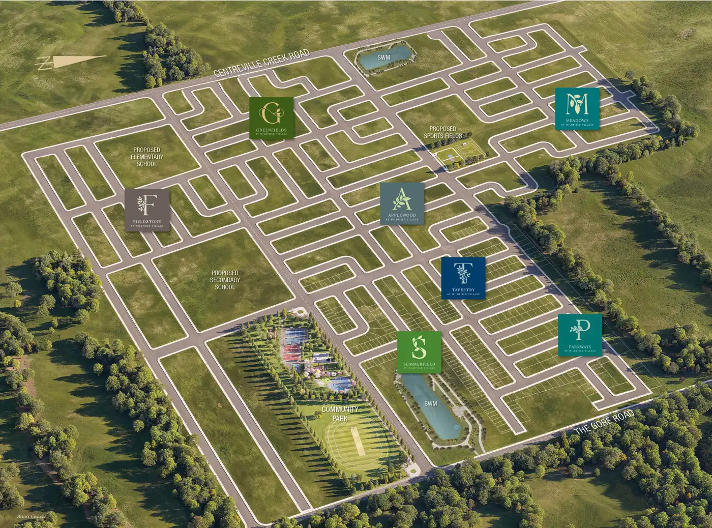 Aerial master plan of Wildfield Village showing its neighbourhoods, schools, park and ponds