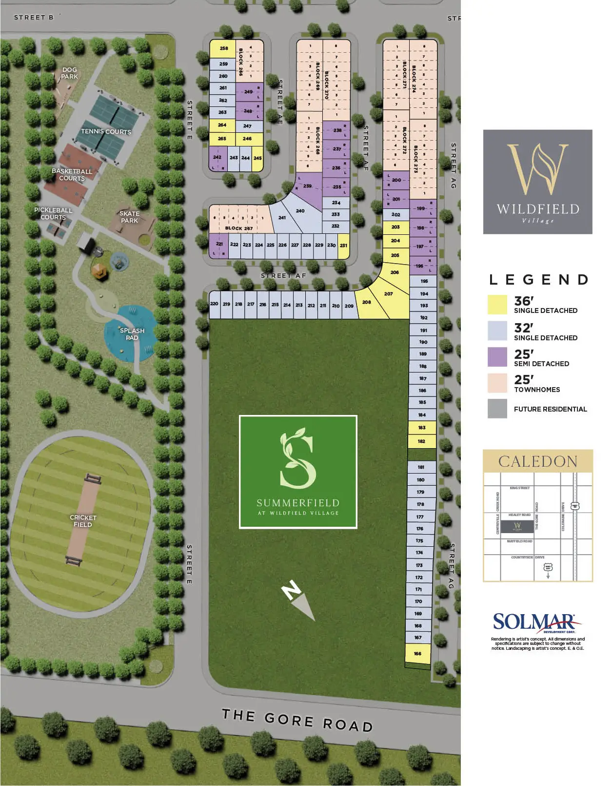 Summerfield phase 1 site plan with townhome, semi-detached and detached lots beside the community park