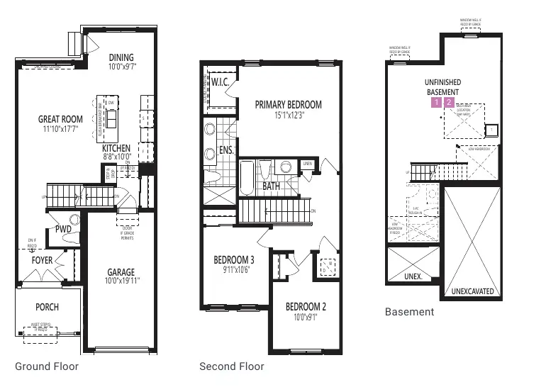 Floor plans of the 1,445 sq. ft. Cranbrook townhome, ground floor, second floor and basement