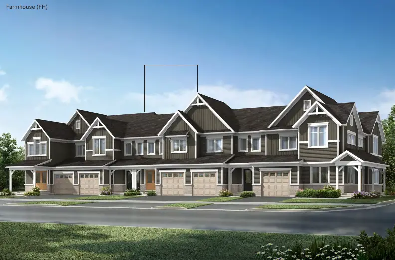 Rendering of the Cranbrook freehold townhomes with four elevation styles