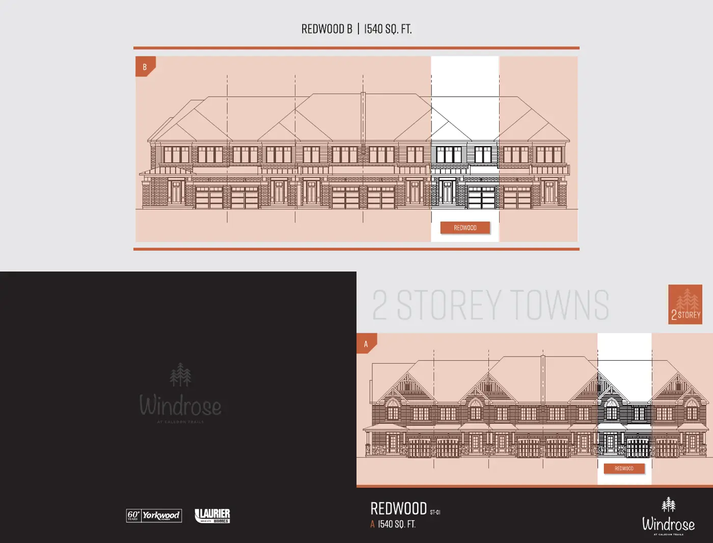 Elevation drawings of the Redwood 20-foot traditional townhomes, elevations A and B