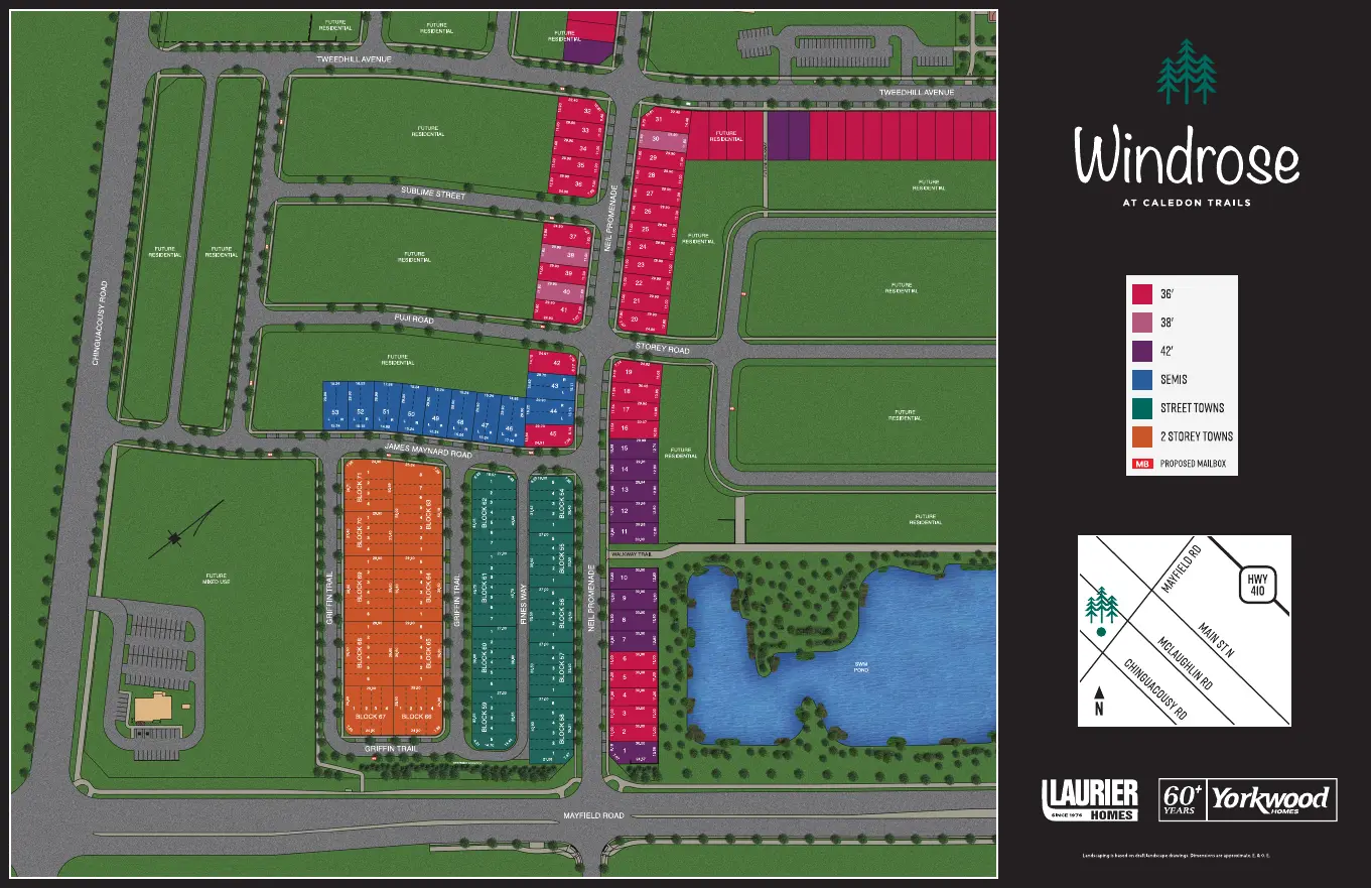 Windrose at Caledon Trails site plan showing detached, semi and townhome lots near a pond
